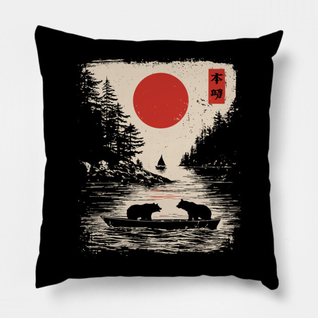Tranquil Bears at Dusk in Japanese Style Pillow by TuncGK