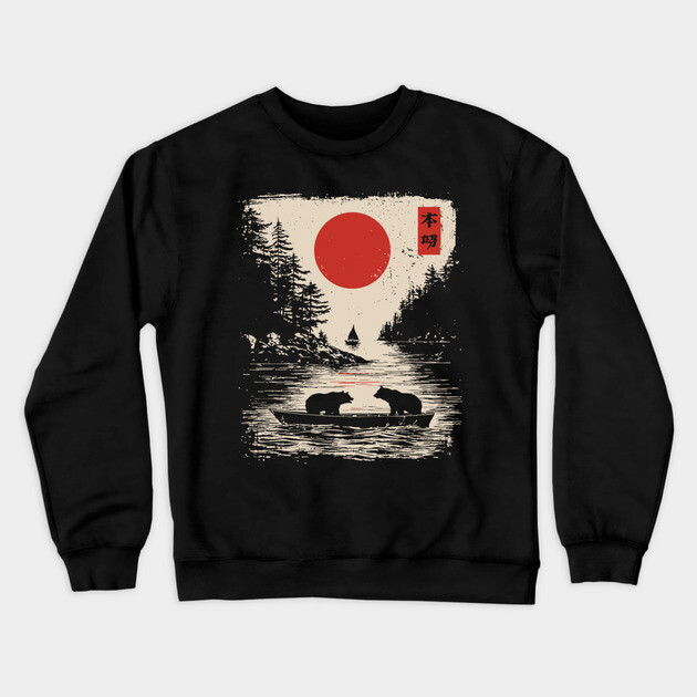 Tranquil Bears at Dusk in Japanese Style Crewneck Sweatshirt by TuncGK