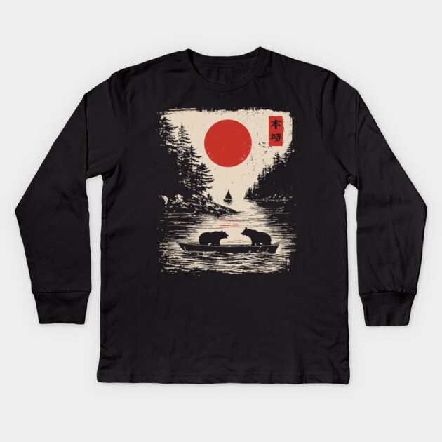 Tranquil Bears at Dusk in Japanese Style Kids Long Sleeve T-Shirt by TuncGK