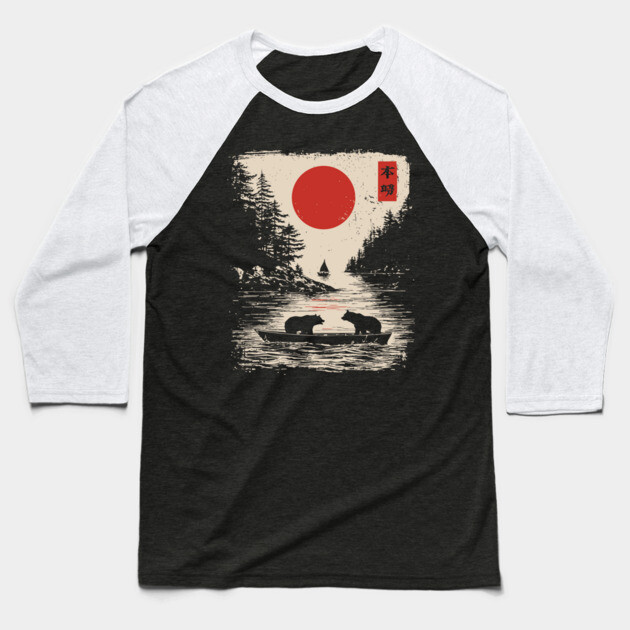 Tranquil Bears at Dusk in Japanese Style Baseball T-Shirt by TuncGK