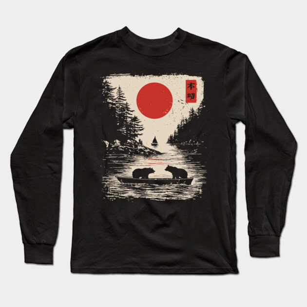 Tranquil Bears at Dusk in Japanese Style Long Sleeve T-Shirt by TuncGK