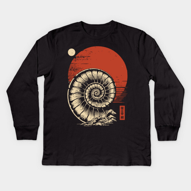 Spiraled Fossil in Ancient Ukiyo-E Tones Kids Long Sleeve T-Shirt by TuncGK