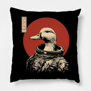 Astronaut Goose in Retro Futuristic Ukiyo-e Pillow
