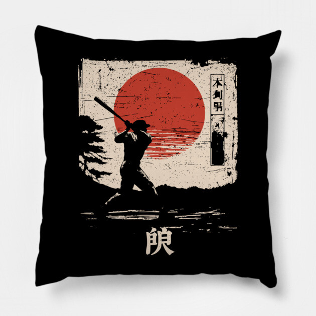 Samurai Baseball Swing in Bold Ink Style Pillow by TuncGK