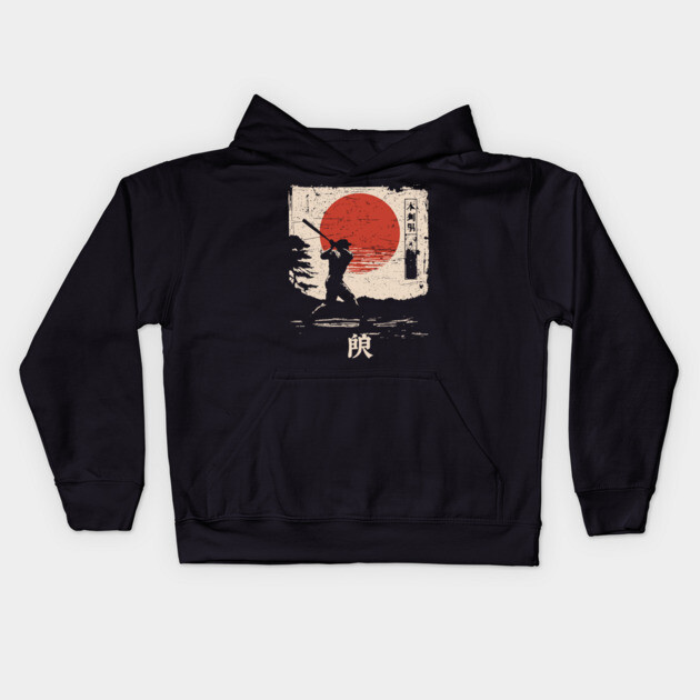 Samurai Baseball Swing in Bold Ink Style Kids Hoodie by TuncGK