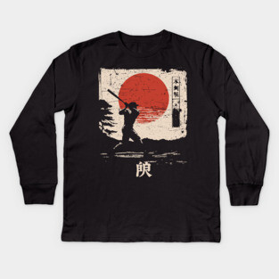 Samurai Baseball Swing in Bold Ink Style Kids Long Sleeve T-Shirt