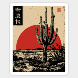 Japanese Desert Cactus Under Crimson Sun Sticker
