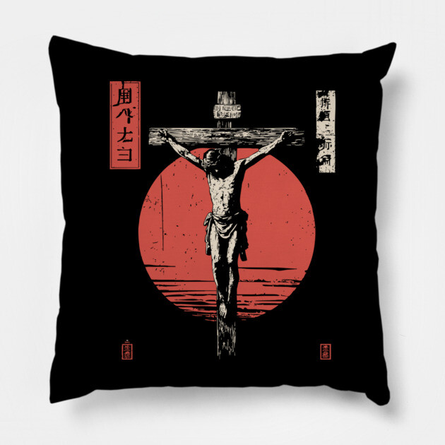 Crucifixion Scene in Red Sun Ukiyo-e Pillow by TuncGK