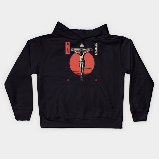 Crucifixion Scene in Red Sun Ukiyo-e Kids Hoodie by TuncGK