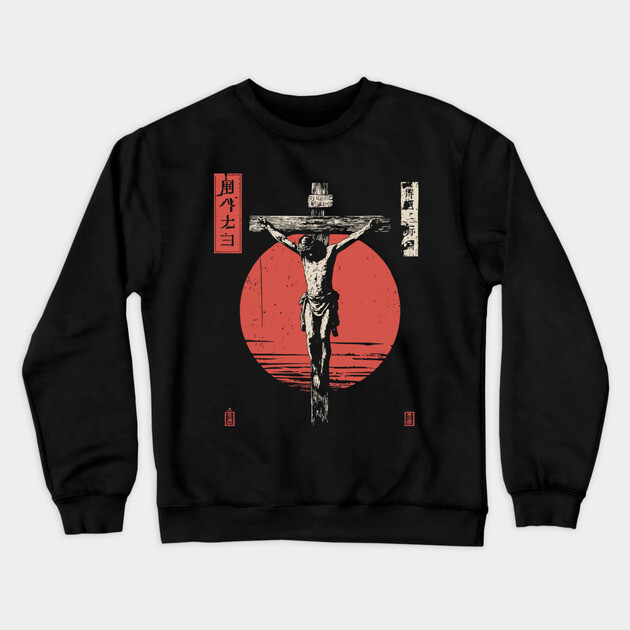 Crucifixion Scene in Red Sun Ukiyo-e Crewneck Sweatshirt by TuncGK