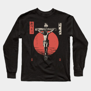 Crucifixion Scene in Red Sun Ukiyo-e Long Sleeve T-Shirt