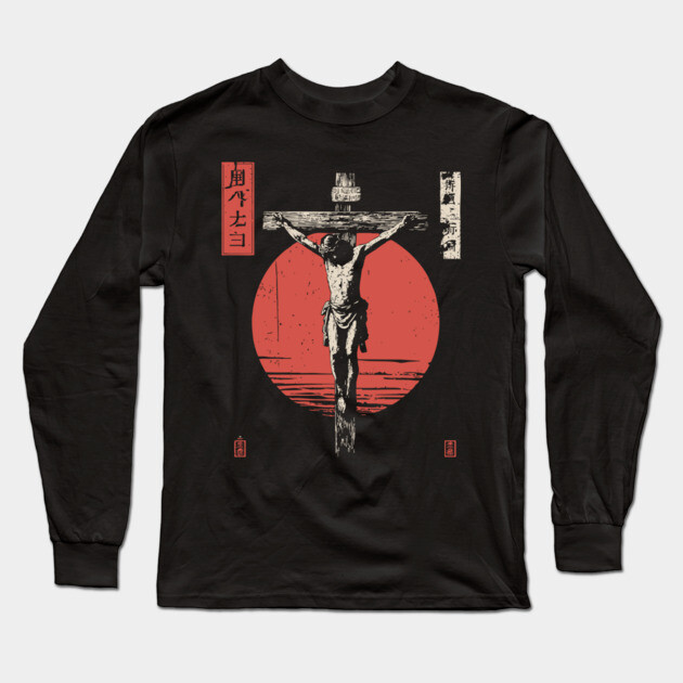 Crucifixion Scene in Red Sun Ukiyo-e Long Sleeve T-Shirt by TuncGK