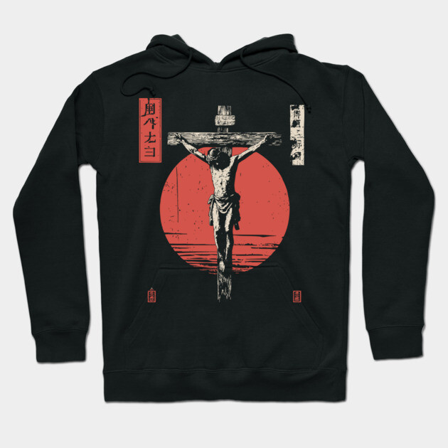 Crucifixion Scene in Red Sun Ukiyo-e Hoodie by TuncGK