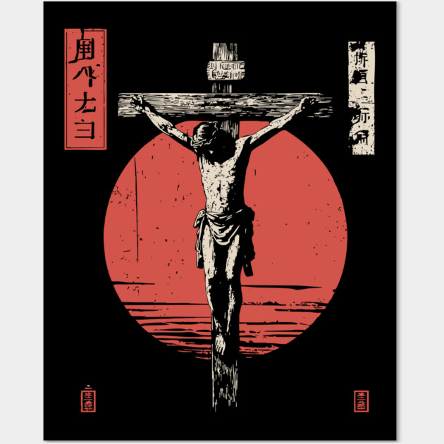 Crucifixion Scene in Red Sun Ukiyo-e Wall Art by TuncGK