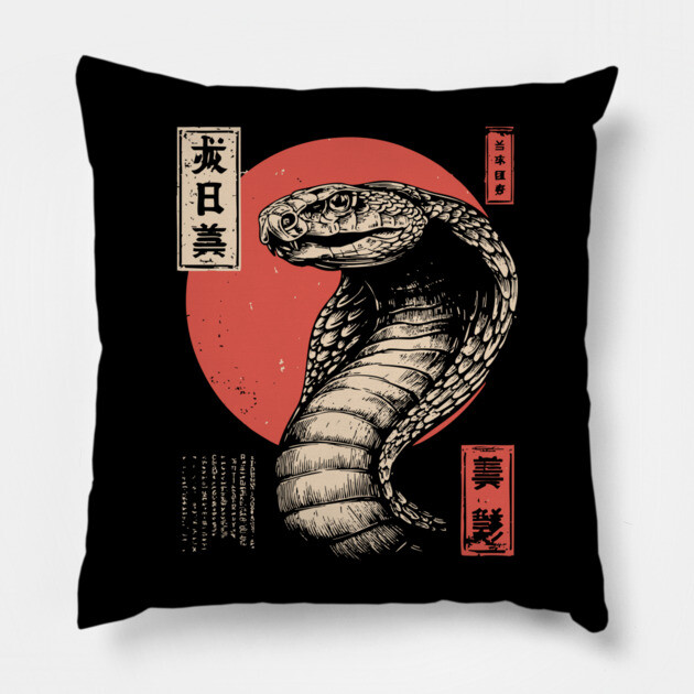Coiled Cobra Beneath Crimson Japanese Sun Pillow by TuncGK