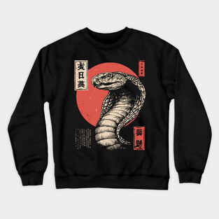 Coiled Cobra Beneath Crimson Japanese Sun Crewneck Sweatshirt