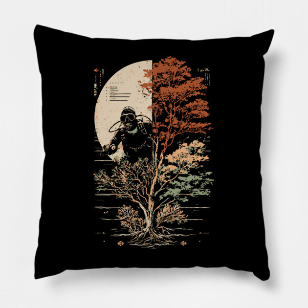 Diver and Tree in Surreal Zen Harmony Pillow by TuncGK