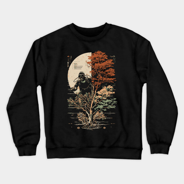 Diver and Tree in Surreal Zen Harmony Crewneck Sweatshirt by TuncGK
