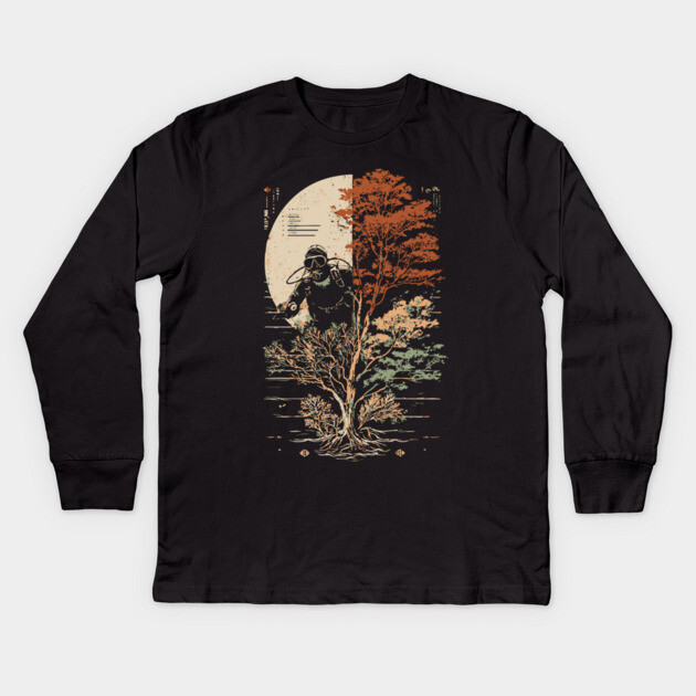 Diver and Tree in Surreal Zen Harmony Kids Long Sleeve T-Shirt by TuncGK