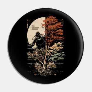 Diver and Tree in Surreal Zen Harmony Pin