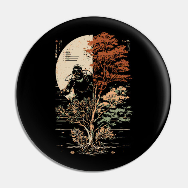 Diver and Tree in Surreal Zen Harmony Pin by TuncGK