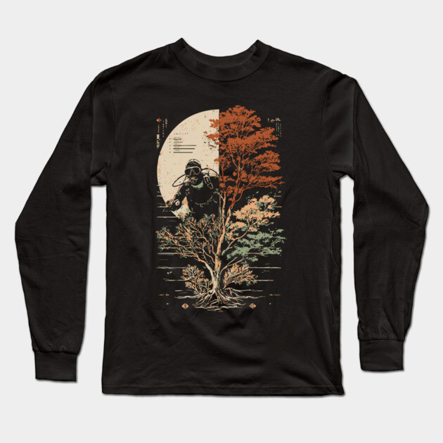 Diver and Tree in Surreal Zen Harmony Long Sleeve T-Shirt by TuncGK