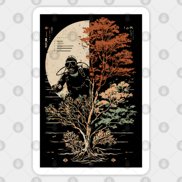 Diver and Tree in Surreal Zen Harmony Sticker by TuncGK