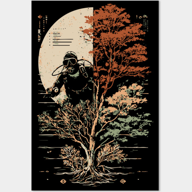 Diver and Tree in Surreal Zen Harmony Wall Art by TuncGK