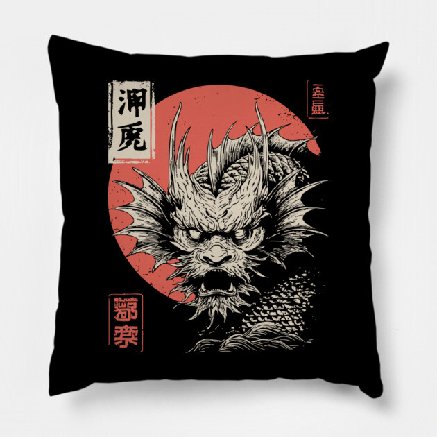 Mythical Japanese Dragon in Ukiyo-e Ink Pillow by TuncGK