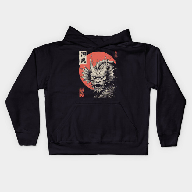 Mythical Japanese Dragon in Ukiyo-e Ink Kids Hoodie by TuncGK