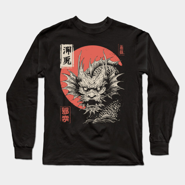 Mythical Japanese Dragon in Ukiyo-e Ink Long Sleeve T-Shirt by TuncGK