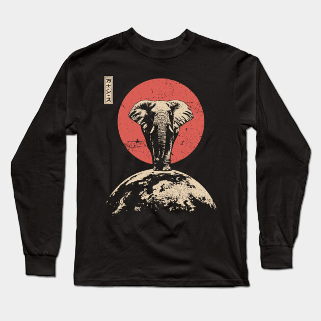 Cosmic World Elephant in Ukiyo-e Style Long Sleeve T-Shirt by TuncGK
