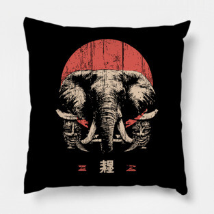 Stoic Elephant with Tribal Masks in Japanese Style Pillow