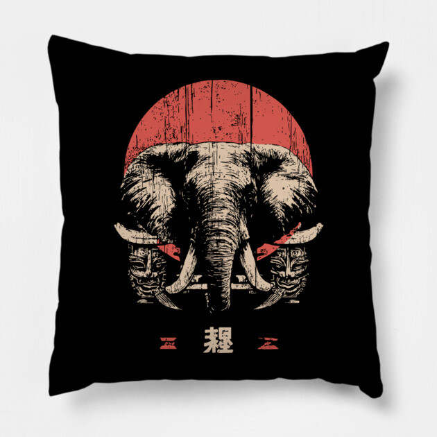 Stoic Elephant with Tribal Masks in Japanese Style Pillow by TuncGK