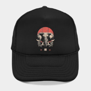 Stoic Elephant with Tribal Masks in Japanese Style Hat