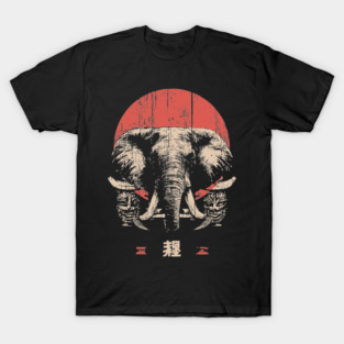 Stoic Elephant with Tribal Masks in Japanese Style T-Shirt