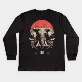 Stoic Elephant with Tribal Masks in Japanese Style Kids Long Sleeve T-Shirt