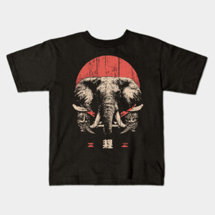 Stoic Elephant with Tribal Masks in Japanese Style Kids T-Shirt