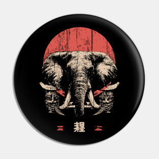 Stoic Elephant with Tribal Masks in Japanese Style Pin