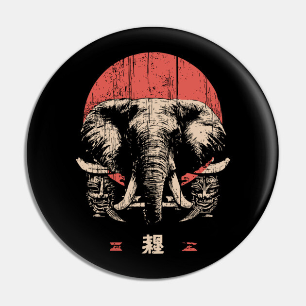 Stoic Elephant with Tribal Masks in Japanese Style Pin by TuncGK