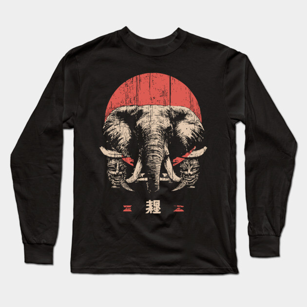 Stoic Elephant with Tribal Masks in Japanese Style Long Sleeve T-Shirt by TuncGK