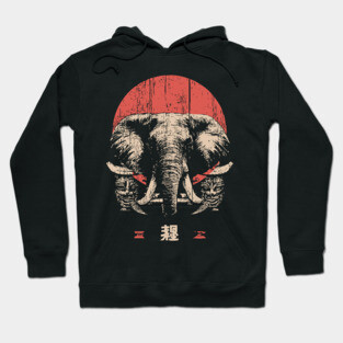 Stoic Elephant with Tribal Masks in Japanese Style Hoodie