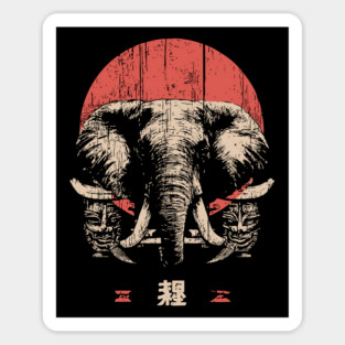 Stoic Elephant with Tribal Masks in Japanese Style Magnet