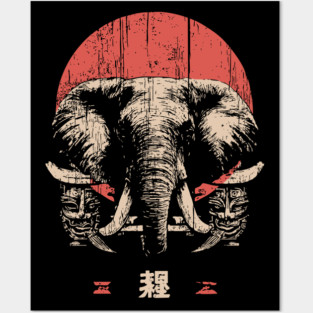 Stoic Elephant with Tribal Masks in Japanese Style Posters and Art