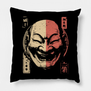 Duality of Joy and Sorrow in Japanese Mask Art Pillow