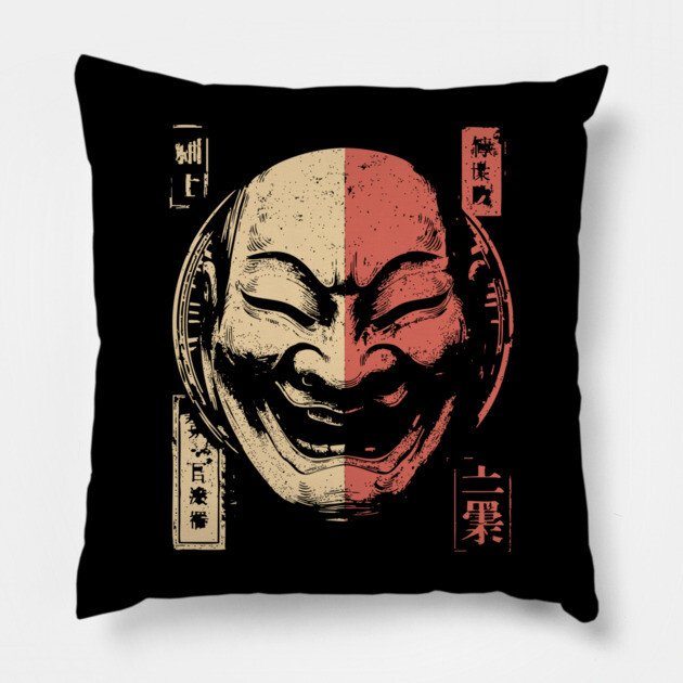 Duality of Joy and Sorrow in Japanese Mask Art Pillow by TuncGK