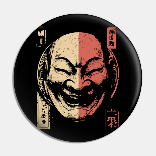 Duality of Joy and Sorrow in Japanese Mask Art Pin by TuncGK