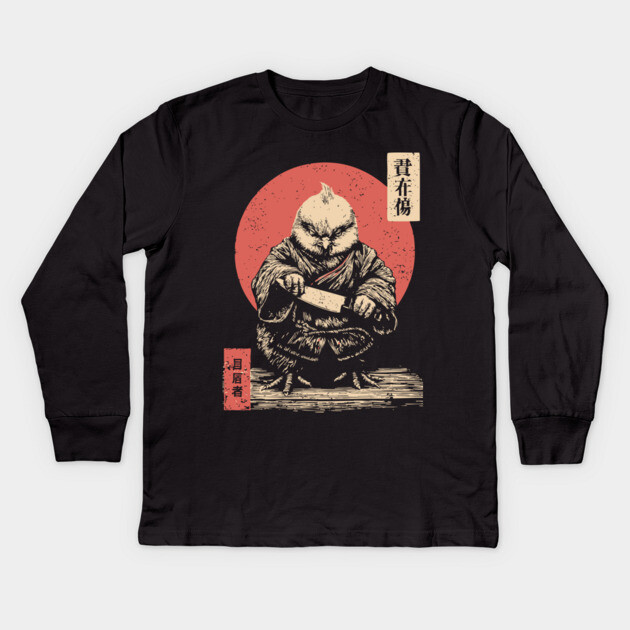 Samurai Chick with a Blade in Ukiyo-e Style Kids Long Sleeve T-Shirt by TuncGK