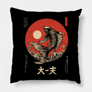 Leaping Koi Fish Over Waves in Ukiyo-e Pillow