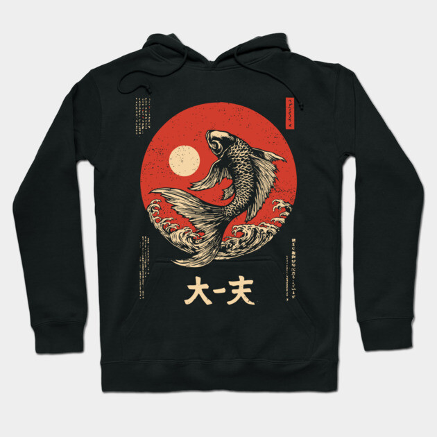 Leaping Koi Fish Over Waves in Ukiyo-e Hoodie by TuncGK